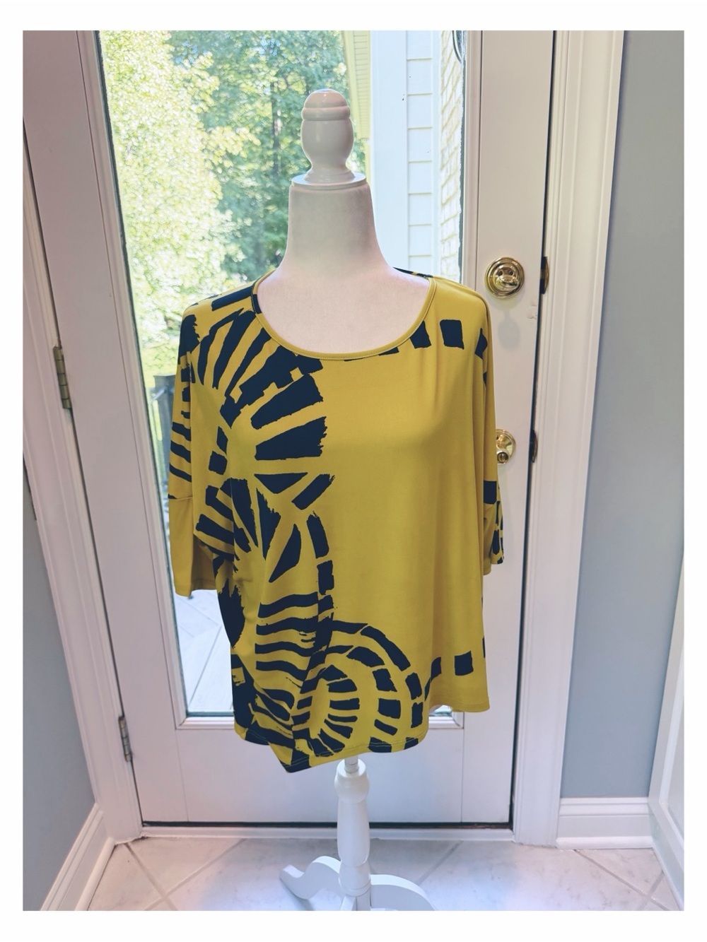 Clara Sun Woo Top in Mustard and Navy Abstract Print Scoop Neck